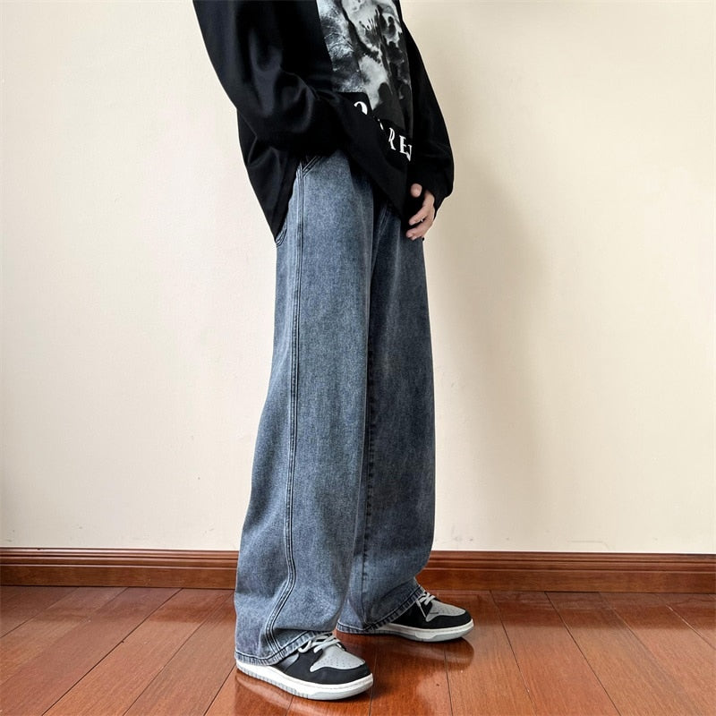 LAPPSTER Men Grey Streetwear Baggy Jeans 2022 Mens Kpop Solid Denim Pants Couple High Waisted Vintage Oversized Joggers Pants