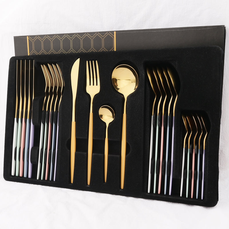 24 unids/set de vajilla de acero inoxidable, juego de cubiertos dorados, cuchillo de cena, tenedor, cuchara de café, vajilla, juegos de cubiertos de cocina