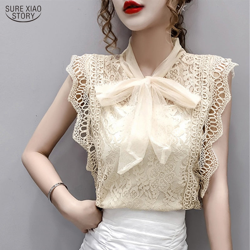 Solid Hollow Out Shirt Korean Fashion Clothing Vintage Sleeveless 2023 Womens Tops and Blouses Lace Patchwork Blusas 9811