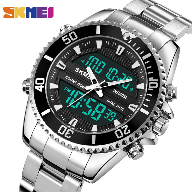 SKMEI Dual Display Watches Mens Fashion Digital Wristwatches Chrono Alarm Men Clock Waterproof Stainless Steel Relogio Masculino