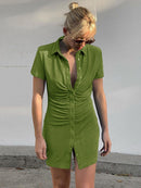 Mini Vestido ajustado de manga corta elegante para mujer, Vestido camisero fruncido con cuello vuelto de verano, vestidos de fiesta ajustados en verde y azul