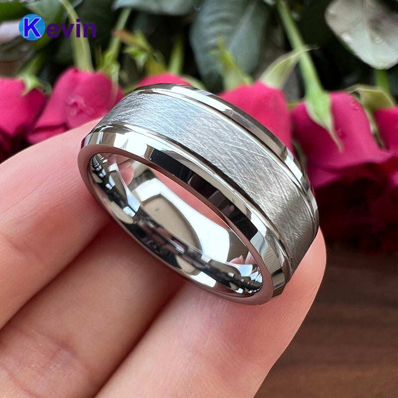 Men Women Tungsten Wedding Band Ring With Bevel Brush Groove Finish 8MM Comfort Fit