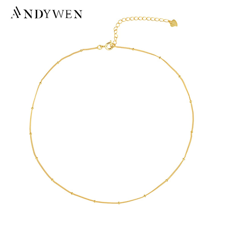ANDYWEN 100% 925 Sterling Silver Choker Necklace 35cm+5cm Short Chain Gold Thin Slim Luxury Beads Jewelry Rock Punk Jewels