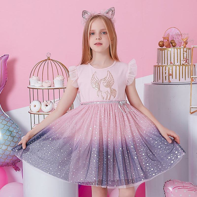 DXTON Mädchen Kleidung für Sommer Prinzessin Kleider Kinder Flare Ärmel Einhorn Druck Kleid Mädchen Party Kleider Kinder Kleidung 3-8 Jahre