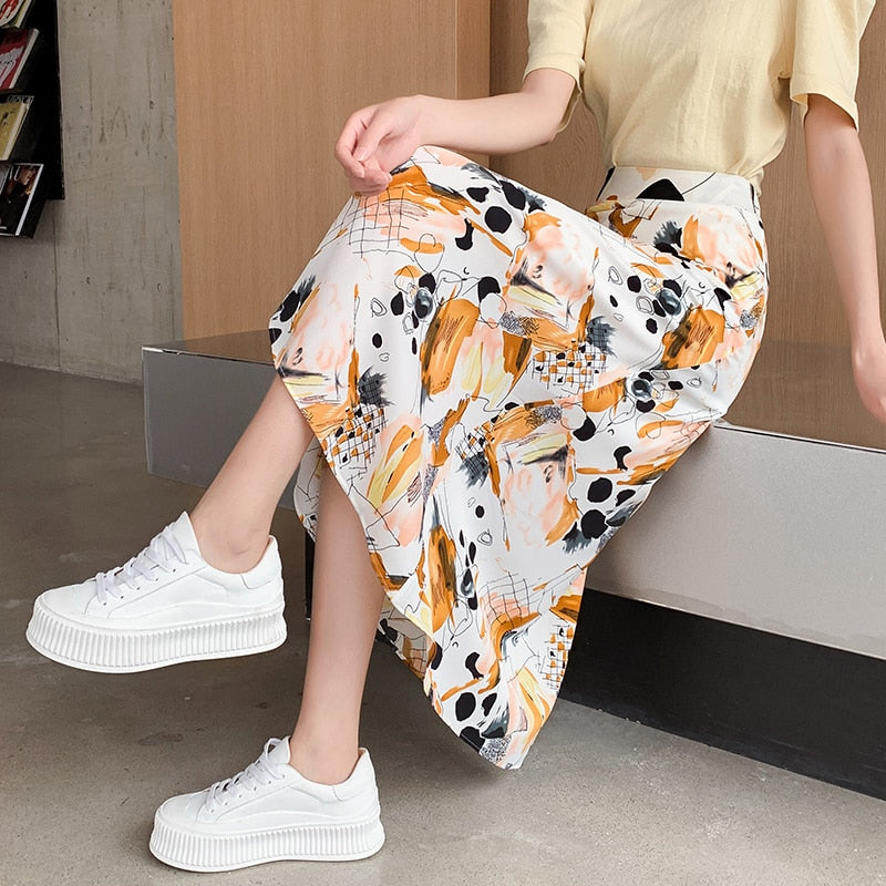 Falda larga de verano elegante de satén con grafiti Simple para mujer de oficina de Inglaterra coreana Faldas Mujer Moda Faldas Mujer suelta