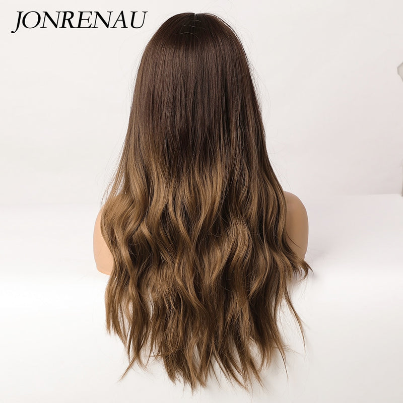 JONRENAU Long Natural Wave Middle Part Hair Gradient Dark Brown Synthetic Wigs  for Women Daily Cosplay Use Heat Resistant Wig