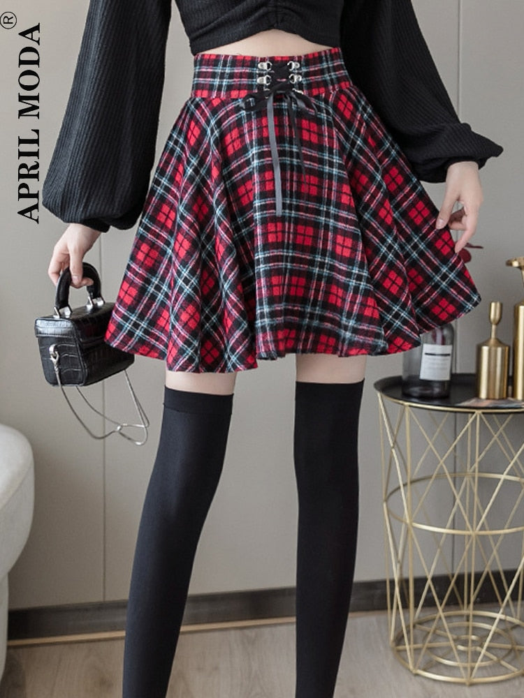 Gothic Punk Harajuku Women Skirt Plaid Print Lace Up Hip Hop Winter Casual Green Grey Red Goth Pleated Woolen Skater Streetwear