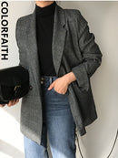 Colorfaith New 2022 Plaid Zweireiher Taschen Formelle Jacken Kariert Winter Frühling Damen Blazer Oberbekleidung Tops JK7113