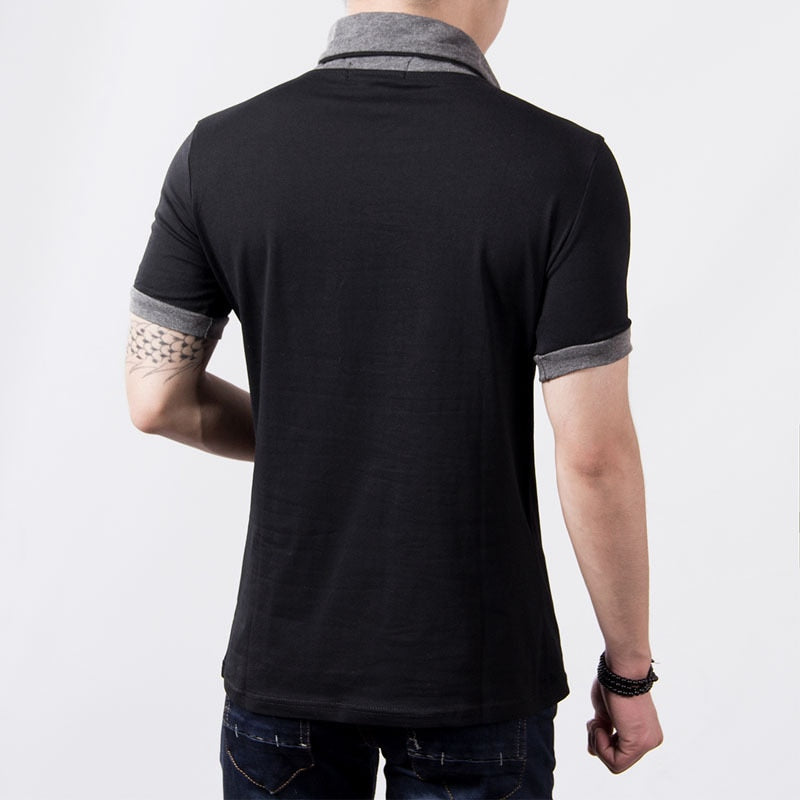 New Plus Size Summer Mens T-Shirts Fashion 2022 Slim Short Sleeve Patchwork V Neck Cotton Black T Shirt Men Button Tops &amp; Tees