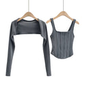 Korean Style Y2k Striped Stitching T-shirt Women 2 In 1 Shrug Set Co-ord Crop Shrug and Corset Tank Tops Set