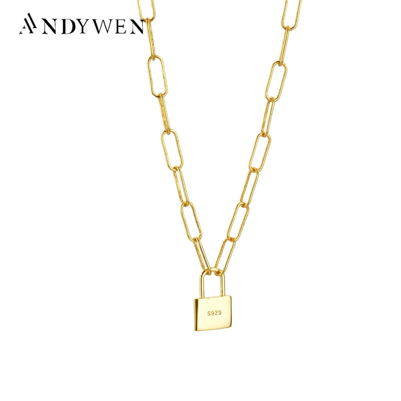 ANDYWEN 925 Sterling Silver Lock Pendant Long Chain Horoscope Chain 45cm Long Chains Rock Punk Fashion Fine Jewelry For Women