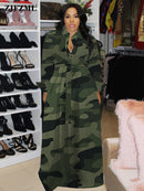 Frühling Herbst Camouflage Lange Kleider Damen Langarm Schlank Maxi Bodenlanges Kleid Kausales Umlegekragen Button Up Hemdkleid