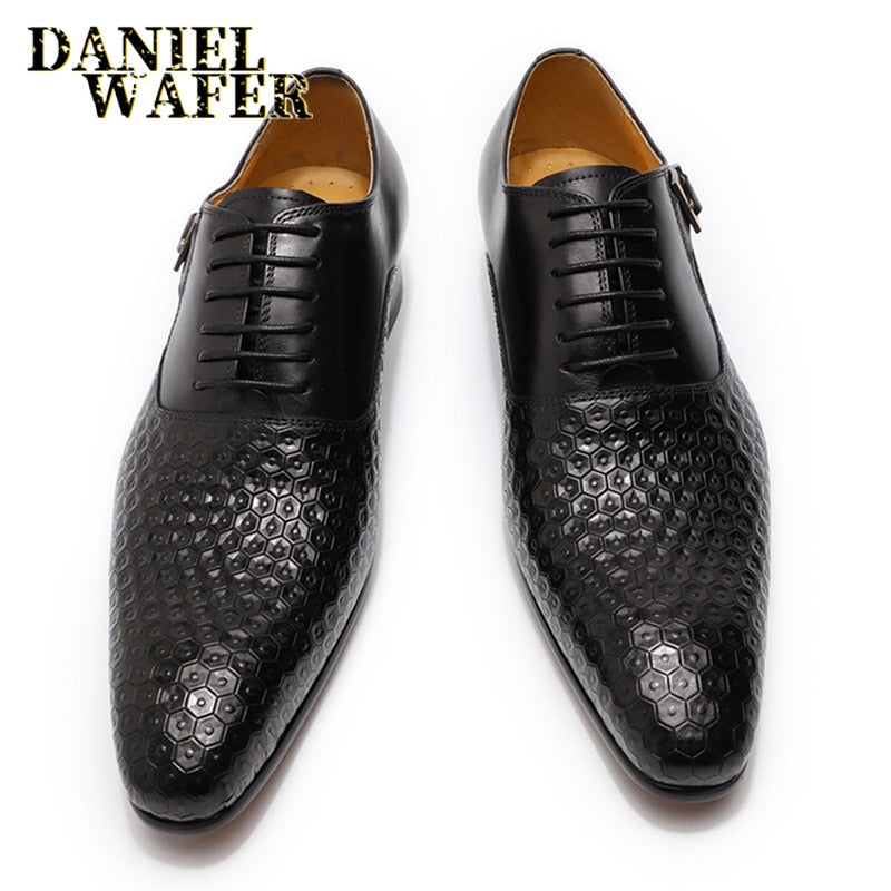 Daniel Wafer Man Shoes Luxury Genuine Leather Geometric Prints Office Wedding Man Formal Black Lace Up Pointed Toe Oxford Shoes