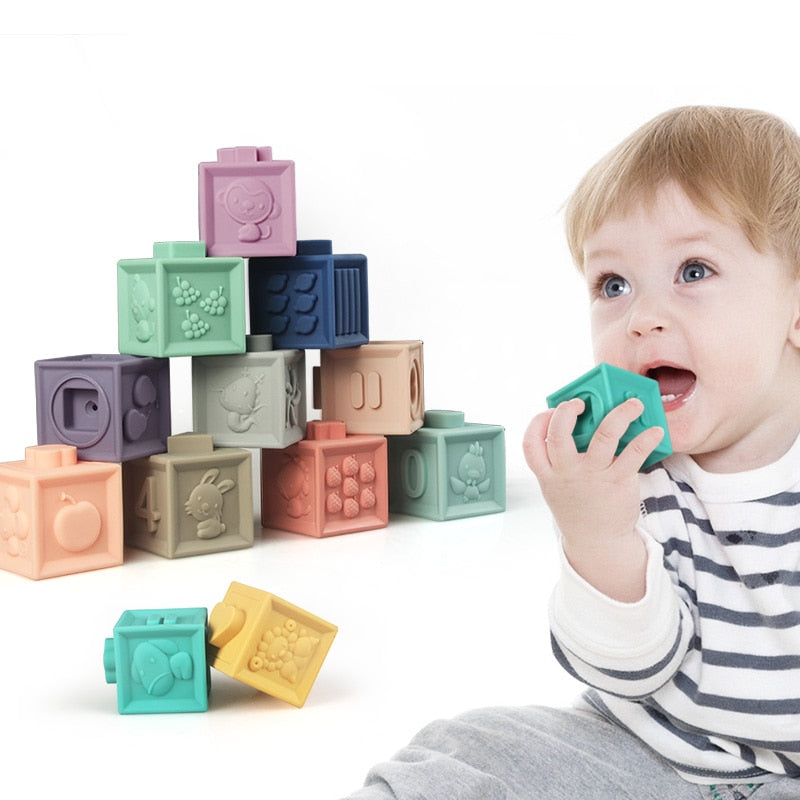 Bloques de construcción de silicona, mordedor para bebés, juguetes para bebés de 0 a 12 meses, juguete apilable para niños, cubo de bloques de construcción suave para niños de 1 año