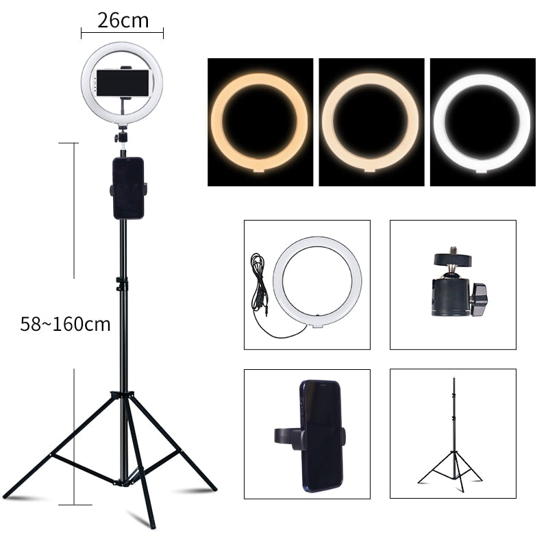 10&quot; Selfie Ring Light With Tripod Professional Photography Circle Ring Lamp Phone Holder Dimmable Ringlight For Youtube Makeup