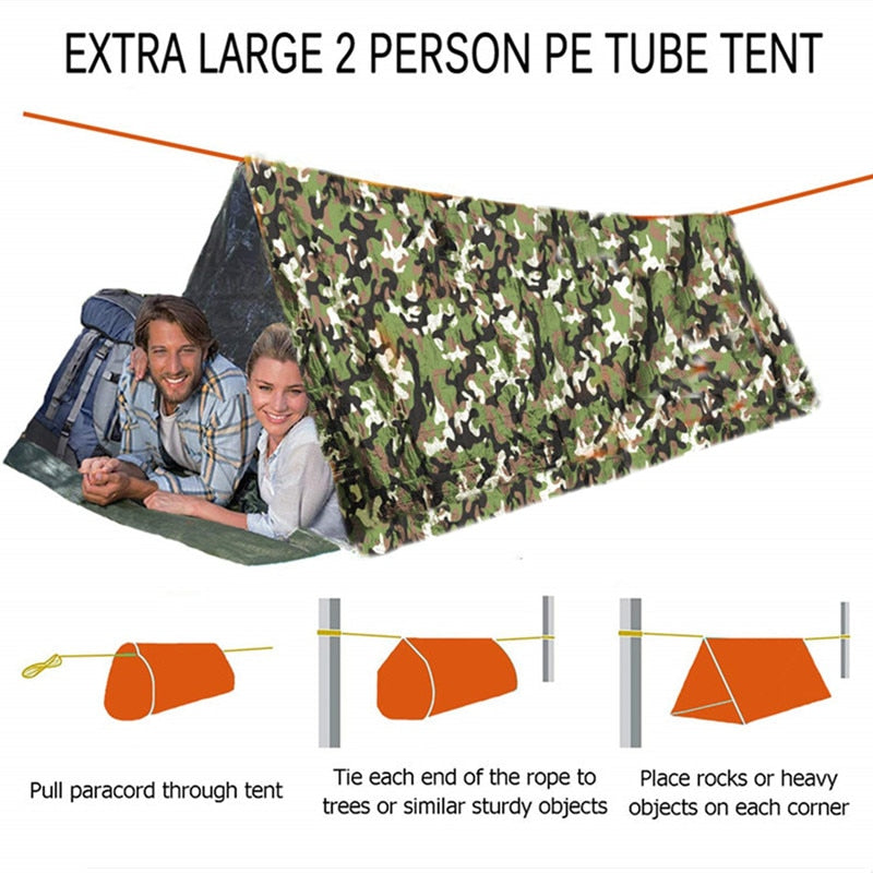 Shelter Survival Tent 2-4 Personen Mylar Notfallschlauchzelt Leichte wasserdichte Thermo-Notfalldecke für Camping Wandern