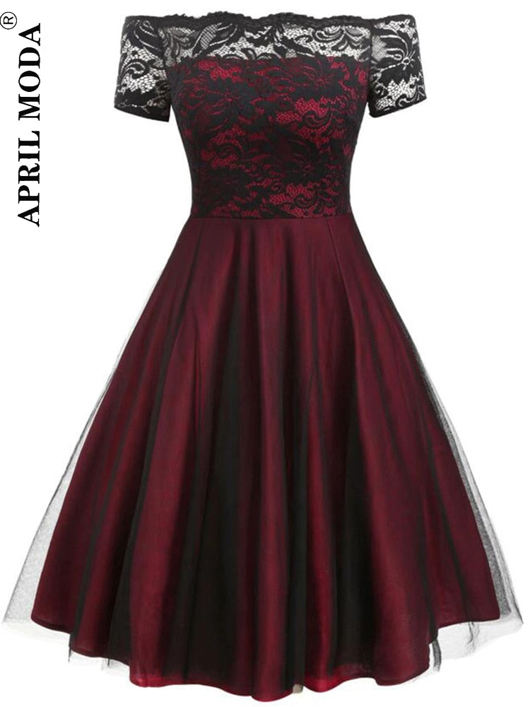 Damen Vintage Spitzenkleid Rot Schwarz Grün Slash Neck Tüll Midi Chic Retro Gothic 50er Jahre Jurken Swing Party Kleidung