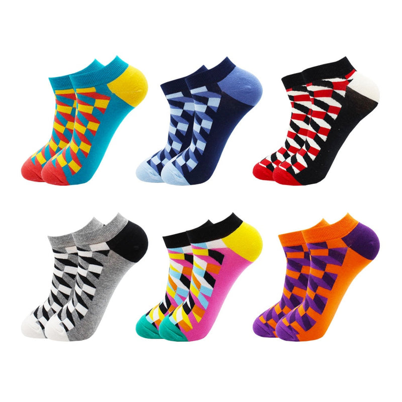 6-12 Pairs Novelty Funny Casual Ankle Socks Fashion Colorful Harajuku Fruit Animal Grid Cotton Men Socks Slippers