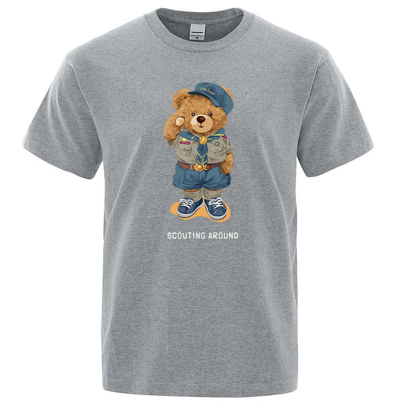 Cute Teddy Bear Salute Scoring Around Prints T Shirt Men Brand Tees Short Sleeve Retro Adult T-Shirt Summer Hip Hop T-Shirt