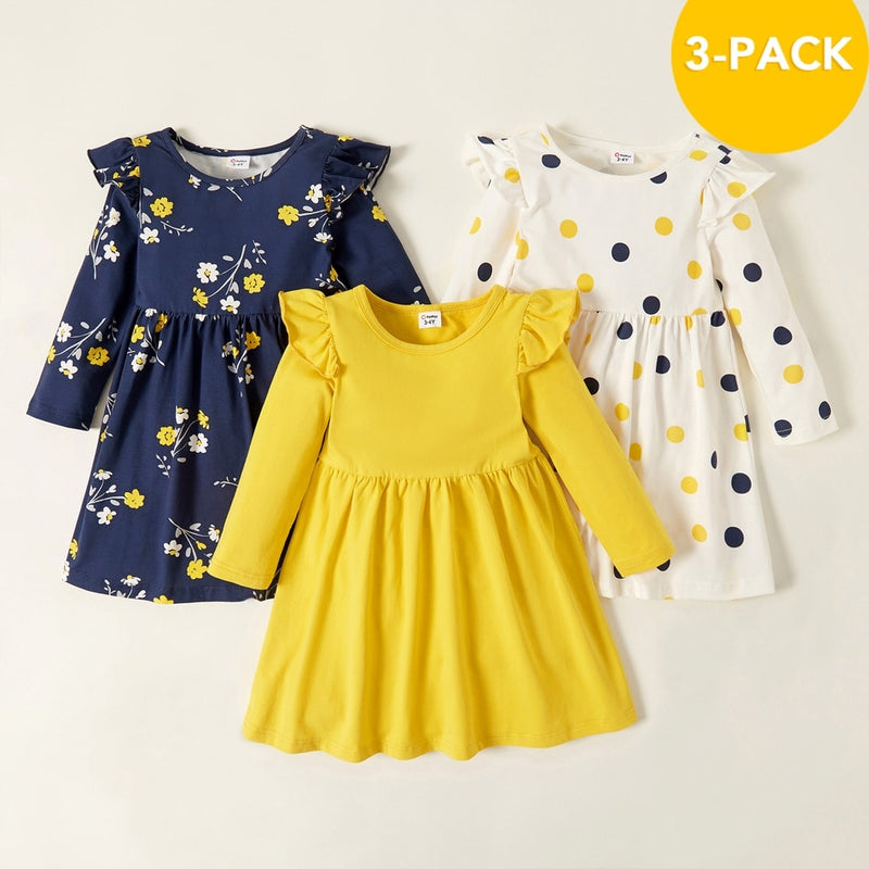 PatPat Spring and Autumn 3-pack Dresses Toddler Girl Dots and Solid Short and Long-sleeve Dress Set Cute Children's Clothing