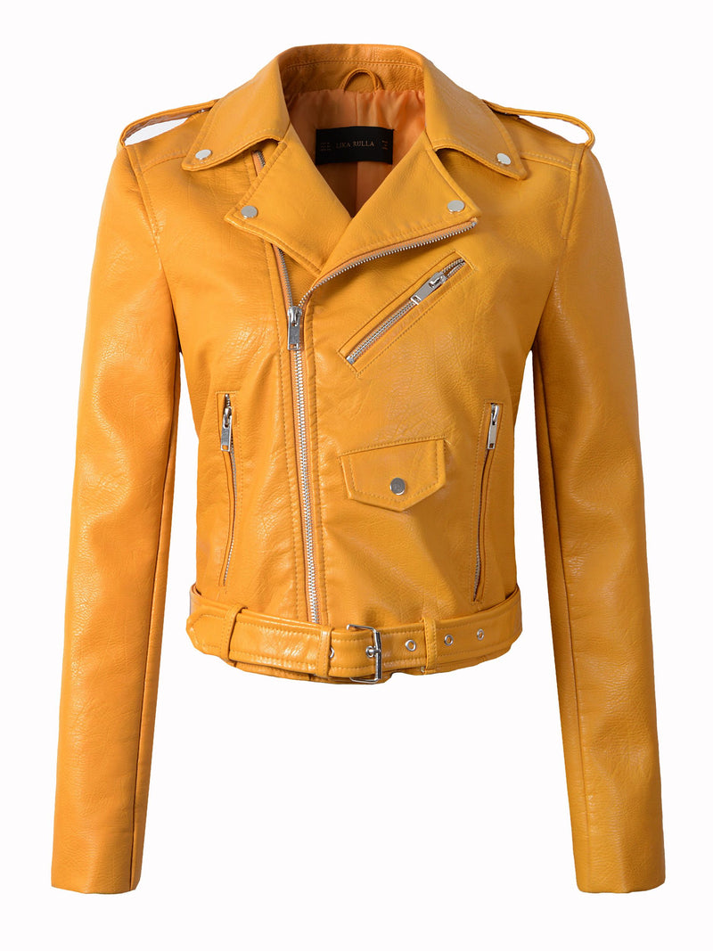 Nueva llegada 2022 marca invierno otoño chaquetas de cuero de motocicleta chaqueta de cuero amarillo chaqueta de cuero de mujer chaqueta delgada de cuero de PU