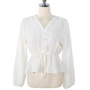 shintimes V-Neck White Blouse Sashes Casual Woman Clothes 2022 Fall Lace Long Sleeve Shirt Women Blouses Shirts Chemisier Femme