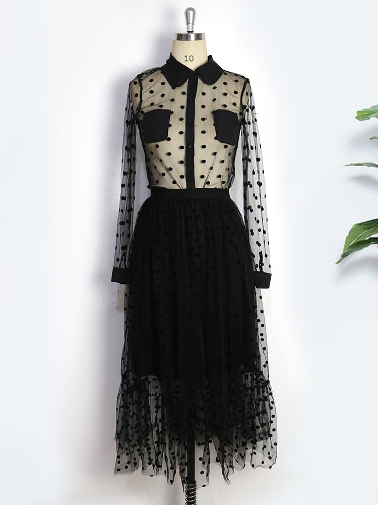 Women Black Mesh Two Pieces Set Polka Dot See Through Transparent Shirts Tops Tulle Skirts Lining Elastic Waist Pleated Jupes