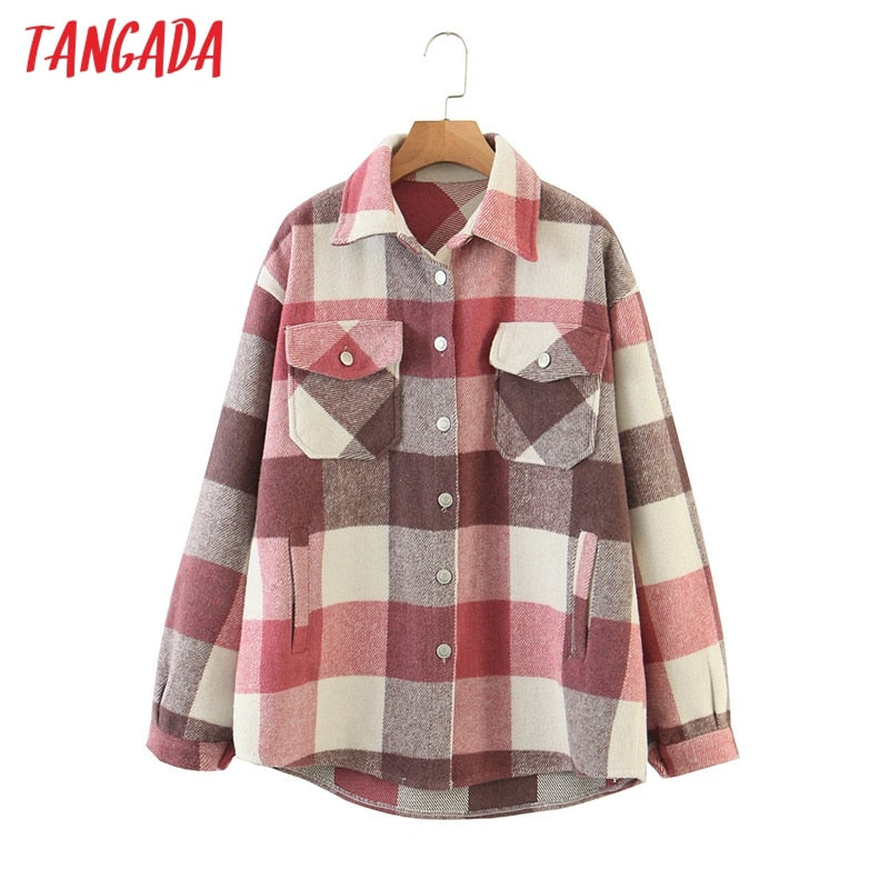 Tangada 2020 Autumn Winter Women Blue Plaid Long Coat Jacket Pocket Casual Warm Overcoat Fashion Outwear Tops QW12