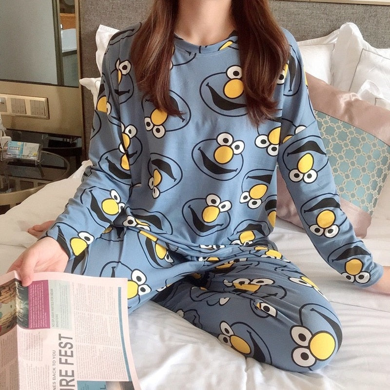 Herbst Dünne 2-teilige Pyjamas Set Frauen Nachtwäsche Lovely Home Anzüge 2021 Rundhals Mädchen Teetasse NachtwäscheLangarm Pyjamas
