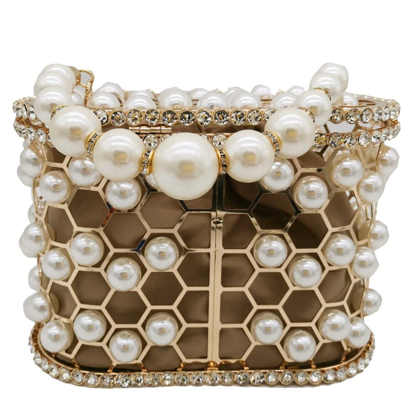 Boutique De FGG Pearl Beaded Evening Bucket Clutch Bag Women Luxury Rhinestone Shoulder Bag Party Purse Ladies Diamond Handbags