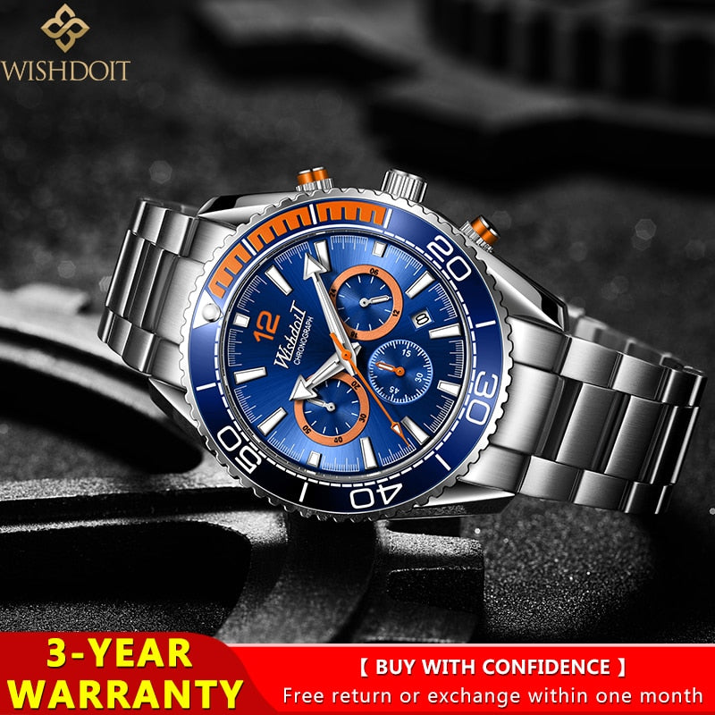 WISHDOIT 2021 New Fashion Diving Watch Men&#39;s Blue Top Brand Luxury Stainless Steel Waterproof Leisure Sports Quartz Men&#39;s Watch