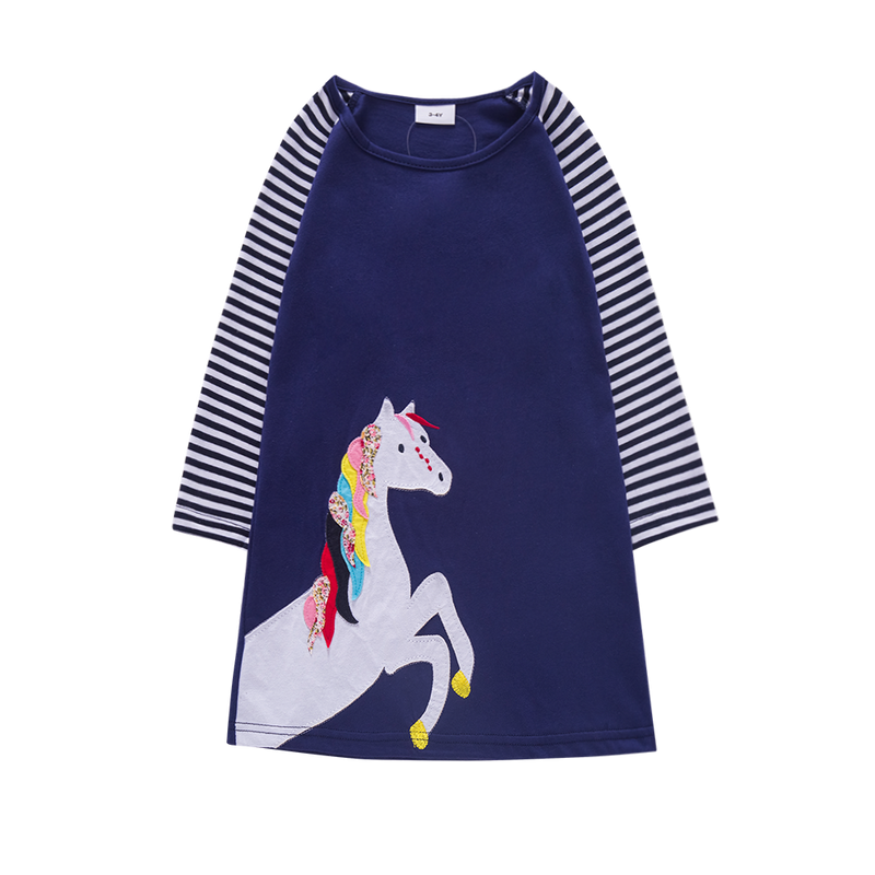 Girls Long Sleeve Star Embroidered Dress Girls Autumn New Style Two Pocket Rainbow Striped Sleeve Cotton Dress LH5809