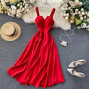 FMFSSOM 2022 Sommer V-Ausschnitt Sexy Open Back Rotes Kleid Frauen knielangen Bohemian Style Solid Spaghetti Strap Party Kleidung