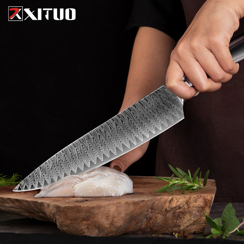 XITUO 8 "cuchillo de Chef profesional japonés de acero inoxidable Santoku cocina Damasco láser patrón vegetal rebanada carne cuchilla CN