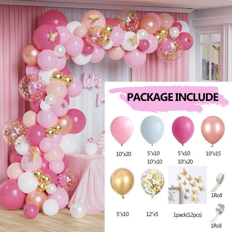 Kit de arco de guirnalda de globos rosa caliente, pegatinas de mariposa, globos de látex de oro rosa cromado para cumpleaños, boda, decoración de fiesta de bienvenida de bebé