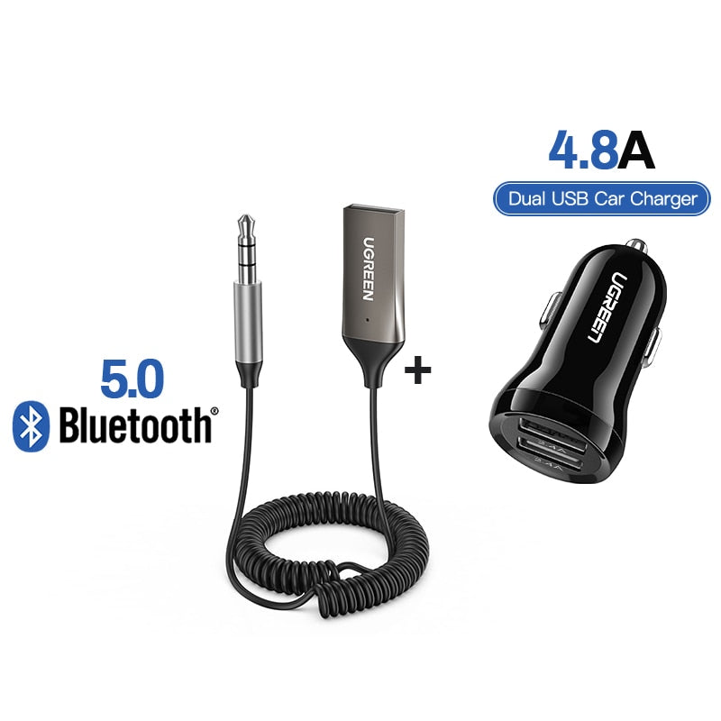 UGREEN Bluetooth Aux Adapter Drahtloser Auto Bluetooth Empfänger USB auf 3,5 mm Klinke Audio Musik Mikrofon Freisprechadapter für Autolautsprecher