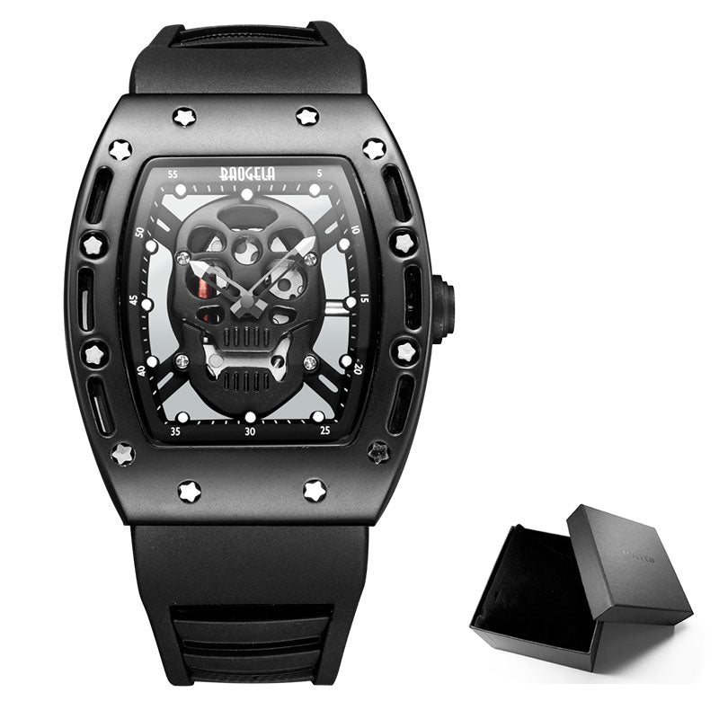 Baogela Fashion Mens Skeleton Skull Luminous Quartz Watches Military Style Black Silicone Rectangle Dial Armbanduhr für Man1612