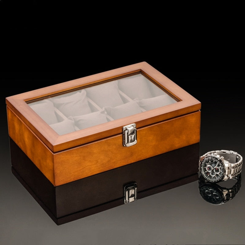 3/5/8/10/12 Slots Wood Watch Box Organizer New Coffee Watch Holder With Glass Window Mens Watch Storage Box Gift Case