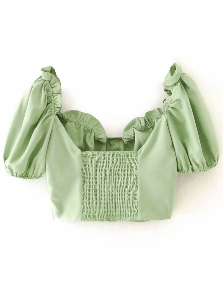 Aachoae, Blusas recortadas de lino y algodón, blusas verdes de manga corta con volantes elegantes para mujer, blusa informal lisa con cuello en V dulce, Blusas