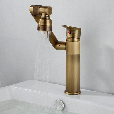 Grifo de baño multifunción Tuqiu, grifo de fregadero dorado, mezclador de agua fría y caliente, grúa, grifos de agua universales montados en cubierta de bronce antiguo