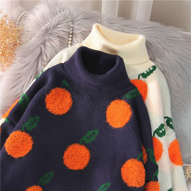 EBAIHUI 2020 Autumn Winter Sweaters Pullover Cherry Pattern Long Sleeve Sweater Women Turtleneck Knitted Jumpers Sweater Mujer