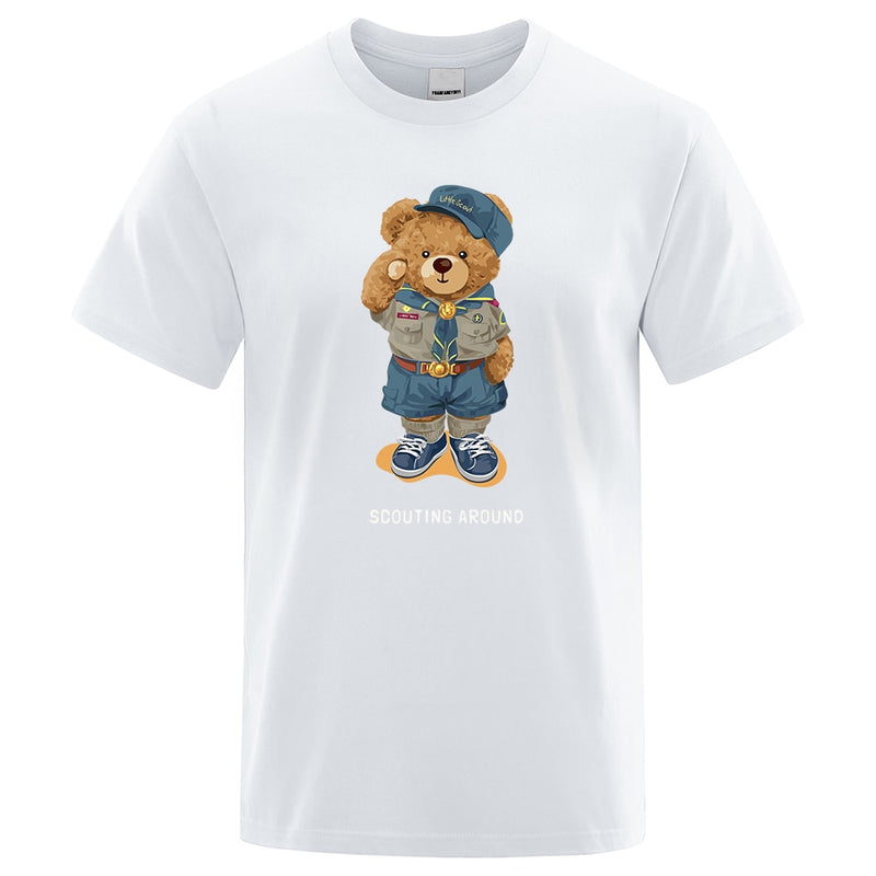 Cute Teddy Bear Salute Scoring Around Prints T Shirt Men Brand Tees Short Sleeve Retro Adult T-Shirt Summer Hip Hop T-Shirt