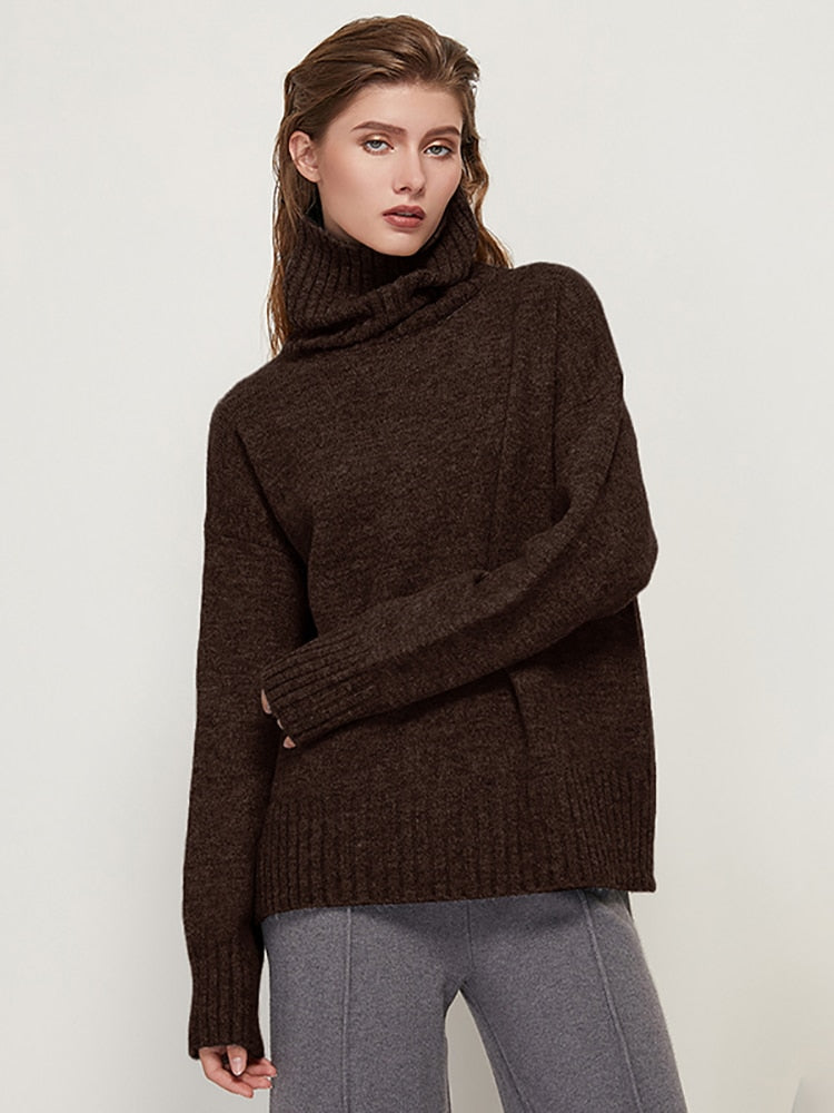 Aachoae Elegant Solid Knitted Two Piece Set Women Turtleneck Batwing Long Sleeve Loose Sweater Full Length Casual Wide Leg Pants