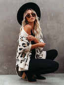 Fitshinling Fuzzy Leopard Long Cardigan Female Bohemian Slim Fledermausärmel Übergroße Pullover Cardiagns für Frauen Wintermantel