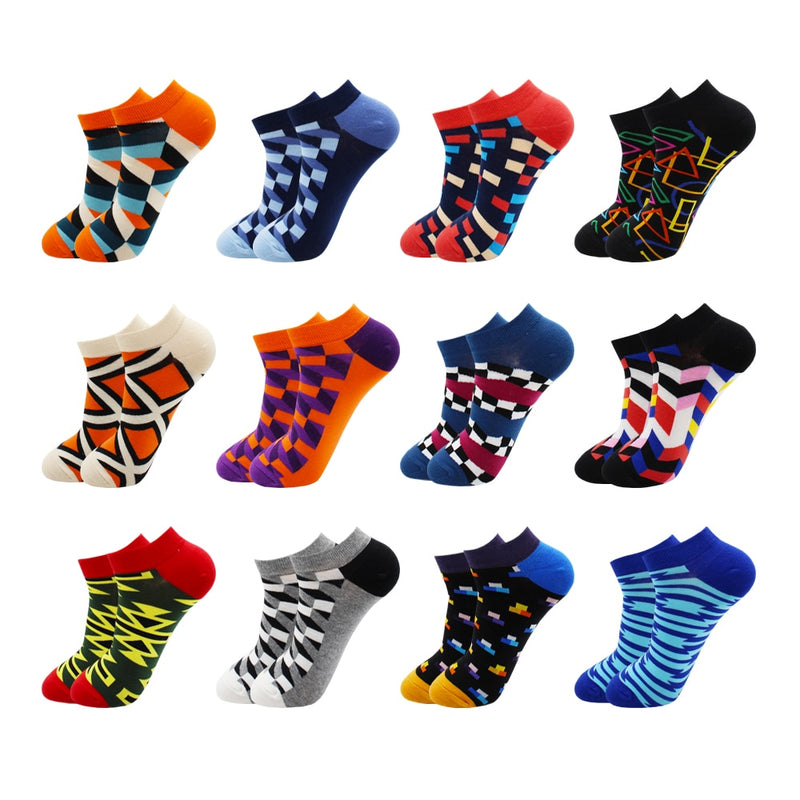 6-12 Pairs Novelty Funny Casual Ankle Socks Fashion Colorful Harajuku Fruit Animal Grid Cotton Men Socks Slippers