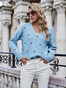 Fitshinling V-Ausschnitt Stickerei Herz Pullover Damen Pullover Strickwaren Koreanischer Stil Kawaii Pullover Winter Lässige Pullover Tops Verkauf