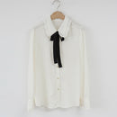 Bogen-Hemden-Frauen-lange Hülsen-Knopf-Chiffon- Blusen-Frauen 2022 neue Stickerei-Blusen-Schmetterlings-Hülsen-beiläufiges weißes Hemd Femme