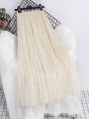 Qooth Women Beaded Petal Mid-length Ruffles Mesh Pleated Skirts Elegant High-waisted Fairy A-line Long Tulle Skirts QT1682