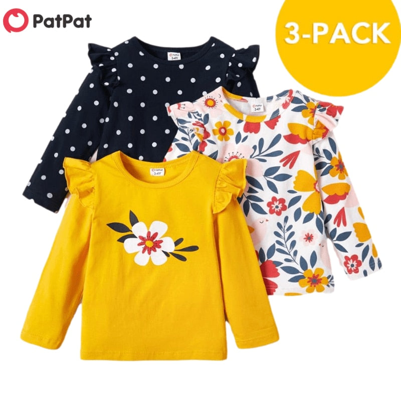 PatPat 3er-Pack Mädchen T-Shirt 3 Stück T-Shirts Herbst und Frühling Blumen Punkte Langarm Top Tee Sets Kinderkleidung