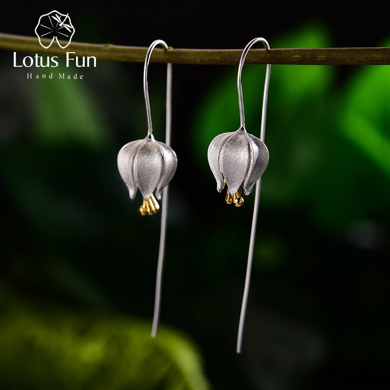 Pendientes colgantes de flor de tulipán de amor eterno de Lotus Fun, pendientes de joyería fina hechos a mano de Plata de Ley 925 auténtica para mujer, bisutería